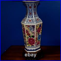 Pair Of 32 Chinese Porcelain Hex Blue & White Vase Lamp 1000 Flower Jingdezhen