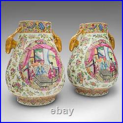Pair Of Large Antique Vases, Chinese, Ceramic, Baluster, Famille Rose, Victorian