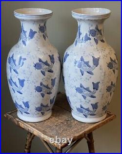 Pair Of Large Chinese Underglaze Blue Coy Carp Vases H41cm