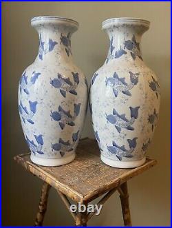 Pair Of Large Chinese Underglaze Blue Coy Carp Vases H41cm