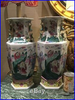 Pair Of Large Vintage Hand Painted Decorative Chinese Vases