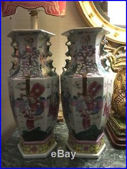 Pair Of Large Vintage Hand Painted Decorative Chinese Vases