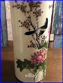 Pair Of Vintage Large Chinese Hand Painted Cylinder Vases