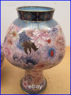 Pair Vintage Chinese Cloisonne enameled over brass large floral vases 15.5
