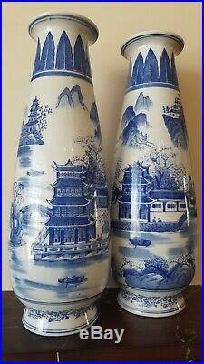 Pair X-Large 51cm/20 Chinese Blue & White Vintage Hand Painted Porcelain Vases