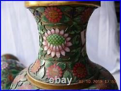Pair large antique cloisonne champleve vases green & pink flowers red white