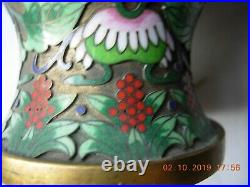Pair large antique cloisonne champleve vases green & pink flowers red white