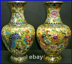 Pair of Beautiful Vintage Cloisonné Dragon Brass Enameled Large 10 Tall Vases