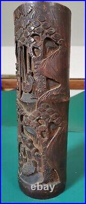 Pair of Large Antique Chinese Bamboo Hand Carved Brush Vases, Brush Pots 32.3cm
