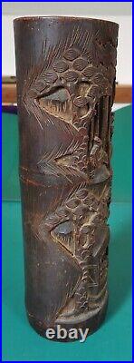 Pair of Large Antique Chinese Bamboo Hand Carved Brush Vases, Brush Pots 32.3cm