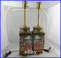 Pair of Large Antique Chinese Famille Rose Porcelain Vase Lamps Floral Scenes