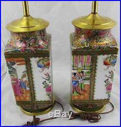 Pair of Large Antique Chinese Famille Rose Porcelain Vase Lamps Floral Scenes