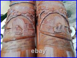 Pair of Large Antique Chinese Oriental Hand Carved Bamboo Brush Pots 36.5cm