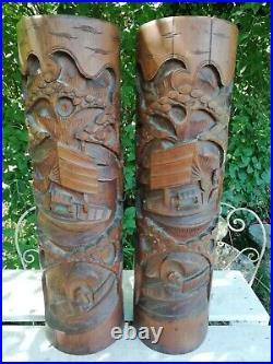 Pair of Large Chinese 19thC Antique Oriental Carved Bamboo Brush Pots 36.5cm