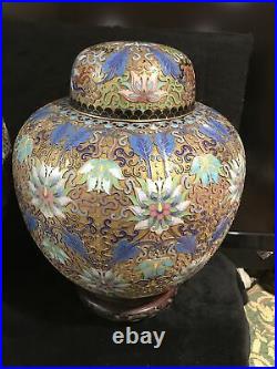 Pair of Large Chinese cloisonné Ginger Jars-pale blue/green On Gilt Background