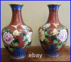 Pair of Red Chinese Cloisonne Vases 15 inch Very Large with Bird Flower Pattern
