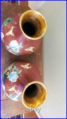 Pair of Red Chinese Cloisonne Vases 15 inch Very Large with Bird Flower Pattern