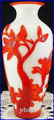 Peking Glass Overlay Cameo Glass Vase Red 2 White Large Bird Flowers Etc
