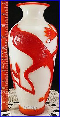 Peking Glass Overlay Cameo Glass Vase Red 2 White Large Bird Flowers Etc