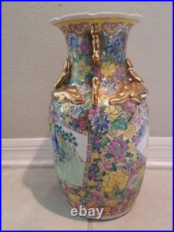 Pottery Porcelain Vase 14.5h Antique Vintage Large Chinese Painted Gold Gilt