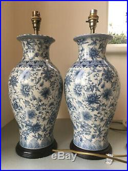 Quality Pair Large Chinese Vase Style Blue & White Pottery Table Lamps, Tested