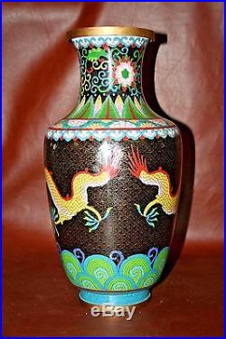 RARE Antique Lrg 15 Tall Chinese Black Cloisonne Vase with Fighting Dragon Decor