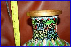RARE Antique Lrg 15 Tall Chinese Black Cloisonne Vase with Fighting Dragon Decor