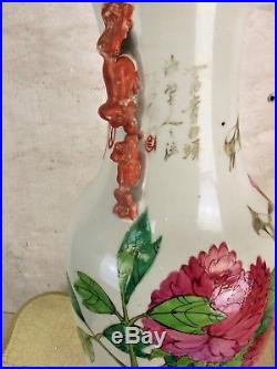 Rare Antique Large 19th Century Chinese Famille Rose Porcelain Vase Birds Flower