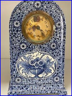 Rare Large Blue And White delft Antic Ceramic Clock With Hand Painted Flowers
