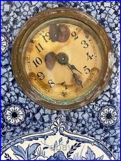 Rare Large Blue And White delft Antic Ceramic Clock With Hand Painted Flowers