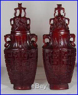 Rare Large Pair Of Chinese Cherry Amber Carved Vases, Archaistic, Faturan Bakelite
