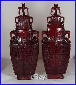 Rare Large Pair Of Chinese Cherry Amber Carved Vases, Archaistic, Faturan Bakelite
