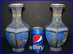 Rare Pair Jingdezhen Brilliant Blue Cloisonné Flower Birds Porcelain Large Vases