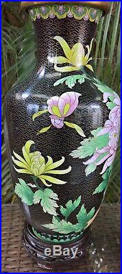 STUNNING RARE PAIR CHINESE VINTAGE LARGE 31cm BUTTERFLY CLOISONNE VASES & STANDS