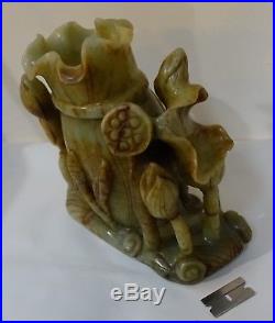 Shlf OLD CHINESE LARGE GREEN SOAPSTONE CARVED LOTUS VASE, 7 HIGH, HEAVY LARGE