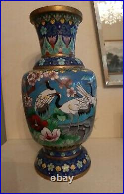 Stunning Vintage Rare Large Chinese Cloisonne Vase Cranes Peony Lotus Cherry