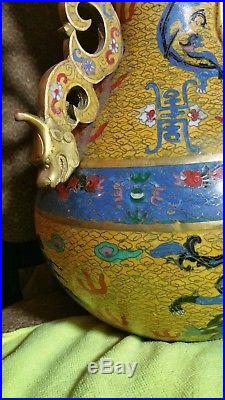 Stunning stamped Large Chinese Cloisonne Enamel Bronze 18 Dragong Vase W Lid