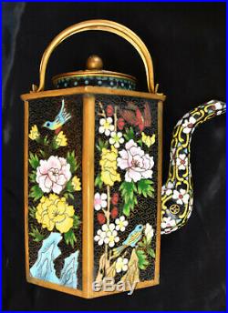 Superb Antique Enamel Cloisonne Chinese Large Teapot Bird & Flowers Design