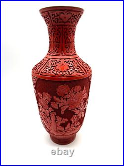 Superb Large Chinese Vintage Carved Floral Cinnabar Lacquer Vase 15