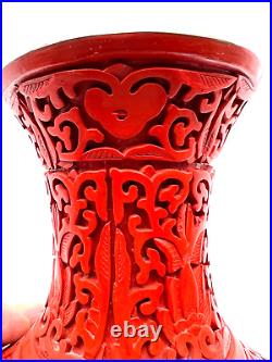 Superb Large Chinese Vintage Carved Floral Cinnabar Lacquer Vase 15