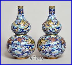 Top Quality Pair Large Antique Early 20thc Chinese Cloisonne Double Gourd Vases