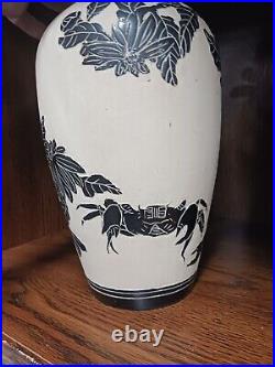 VERY OLD Large Porcelain black white glaze Chinese Japan Crab Flower Vase carved