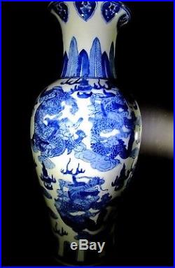 VINTAGE Large Blue and White Porcelain Dragon Jar Vase