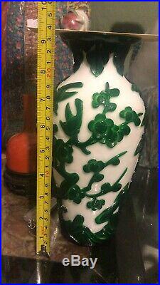 Very Fine Large Early 1900 Chinese Green Peking Glass Vase Phoenix Butterfly 12