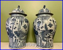 Very Large 52cm Chinese Blue And White Ginger Jar Vases With Foo Dog Covers