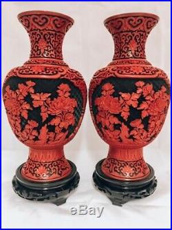 Very Large Cinnabar Lacquer Chinese Black and Red Pair of Vases/Blue Enamel In