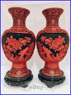 Very Large Cinnabar Lacquer Chinese Black and Red Pair of Vases/Blue Enamel In