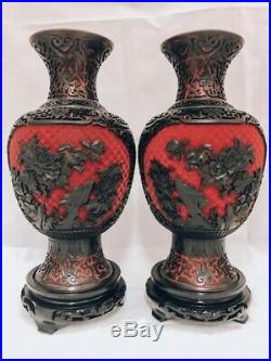 Very Large Cinnabar Lacquer Chinese Red and Black Pair of Vases/Blue Enamel In
