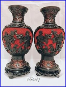 Very Large Cinnabar Lacquer Chinese Red and Black Pair of Vases/Blue Enamel In
