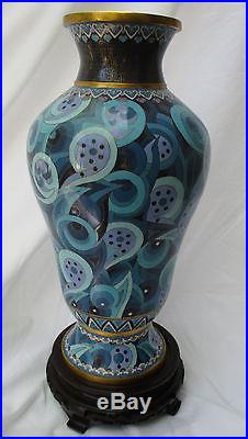 Very Large Vintage Jingfa Chinese Cloisonne Vase In Blue With Stand